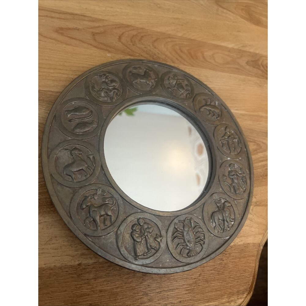 Vtg Astrology Zodiac Signs Round Mirror Picture Frame Silver